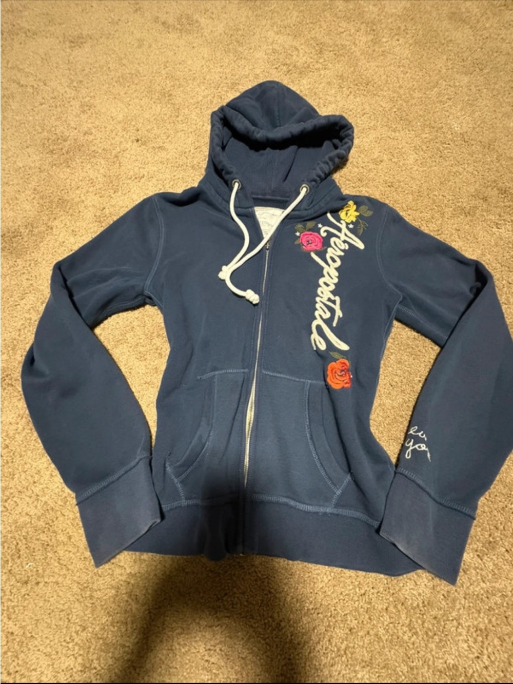 Aeropostale Navy Zip-Up Hoodie with Floral Script Y2K